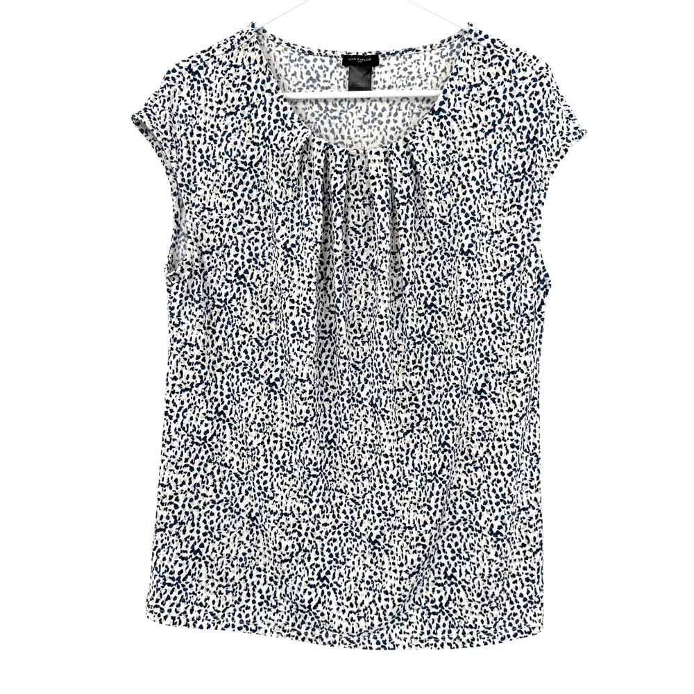 Ann Taylor Size Large Short Sleeve Blouse Top Shirt Blue Black and White